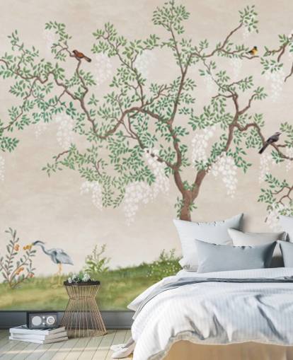 brugerdefineret chinoiserie træ med fugle tapetmaleri kaldet Calm Chinoiserie Tree til soveværelser