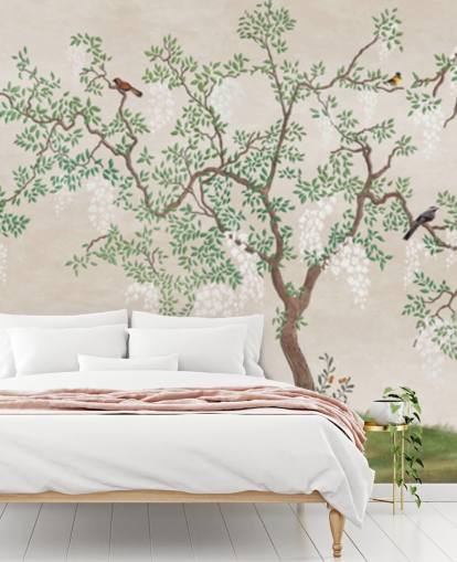 op maat gemaakte chinoiserieboom met vogelbehangmuurschildering genaamd Calm Chinoiserie Tree voor slaapkamers op maat gemaakte chinoiserieboom met vogelbehangmuurschildering genaamd Calm Chinoiserie Tree voor slaapkamers