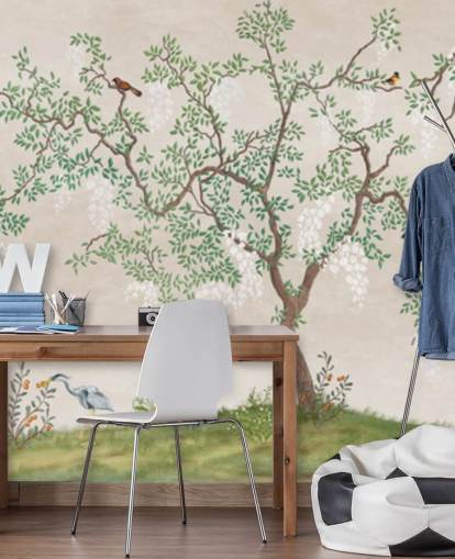 anpassat chinoiserie träd med fåglar tapetväggmålning som heter Calm Chinoiserie Tree för sovrum