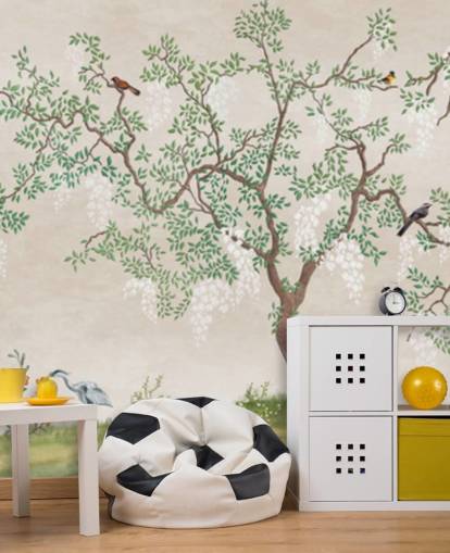 custom chinoiserie tree with birds wallpaper mural called Calm Chinoiserie Tree for bedrooms