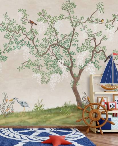 mural de papel pintado personalizado de árbol de chinoiserie con pájaros llamado Calm Chinoiserie Tree para dormitorios