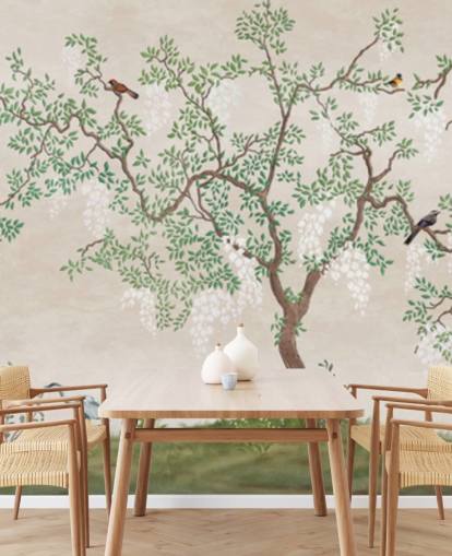 custom chinoiserie tree with birds wallpaper mural called Calm Chinoiserie Tree for bedrooms