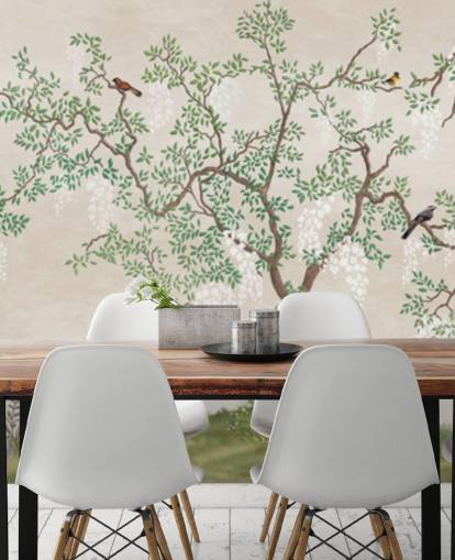 mukautettu chinoiserie-puu lintujen taustakuvamaalauksella nimeltä Calm Chinoiserie Tree makuuhuoneisiin