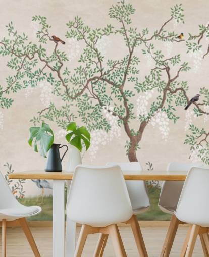 tilpasset chinoiserie-tre med fugler tapetveggmaleri kalt Calm Chinoiserie Tree for soverom tilpasset chinoiserie-tre med fugler tapetveggmaleri kalt Calm Chinoiserie Tree for soverom