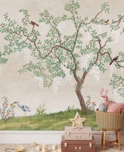 mural de papel de parede de árvore de chinoiserie personalizado com pássaros chamado Calm Chinoiserie Tree para quartos