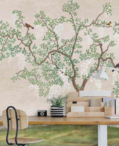 mukautettu chinoiserie-puu lintujen taustakuvamaalauksella nimeltä Calm Chinoiserie Tree makuuhuoneisiin mukautettu chinoiserie-puu lintujen taustakuvamaalauksella nimeltä Calm Chinoiserie Tree makuuhuoneisiin