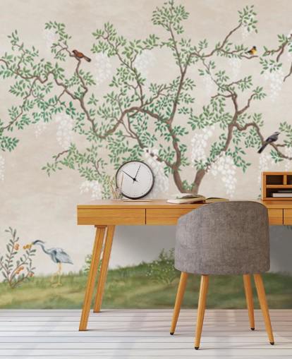 papier peint mural personnalisé d'arbre de chinoiserie avec oiseaux appelé Calm Chinoiserie Tree pour chambres