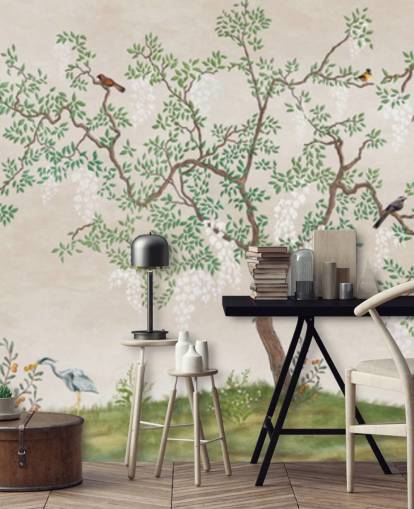 mural de papel de parede de árvore de chinoiserie personalizado com pássaros chamado Calm Chinoiserie Tree para quartos