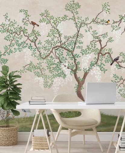 brugerdefineret chinoiserie træ med fugle tapetmaleri kaldet Calm Chinoiserie Tree til soveværelser
