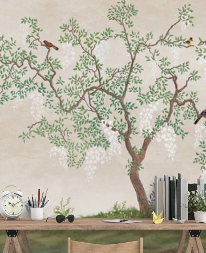 op maat gemaakte chinoiserieboom met vogelbehangmuurschildering genaamd Calm Chinoiserie Tree voor slaapkamers