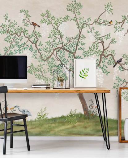 mural de papel pintado personalizado de árbol de chinoiserie con pájaros llamado Calm Chinoiserie Tree para dormitorios mural de papel pintado personalizado de árbol de chinoiserie con pájaros llamado Calm Chinoiserie Tree para dormitorios