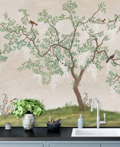 custom chinoiserie tree with birds wallpaper mural called Calm Chinoiserie Tree for bedrooms