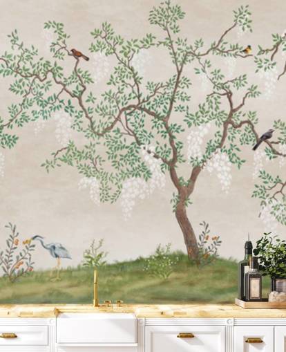 mural de papel pintado personalizado de árbol de chinoiserie con pájaros llamado Calm Chinoiserie Tree para dormitorios