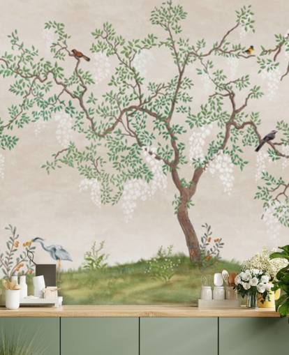anpassat chinoiserie träd med fåglar tapetväggmålning som heter Calm Chinoiserie Tree för sovrum