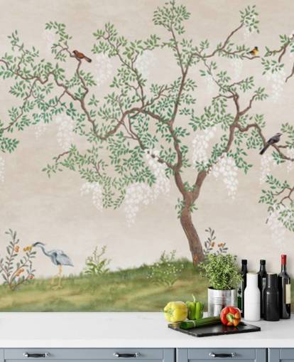 mural de papel pintado personalizado de árbol de chinoiserie con pájaros llamado Calm Chinoiserie Tree para dormitorios