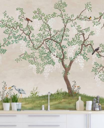 brugerdefineret chinoiserie træ med fugle tapetmaleri kaldet Calm Chinoiserie Tree til soveværelser