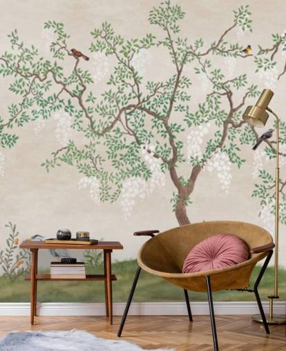 brugerdefineret chinoiserie træ med fugle tapetmaleri kaldet Calm Chinoiserie Tree til soveværelser