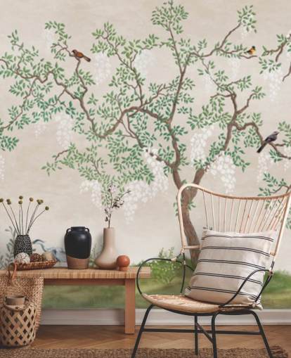 tilpasset chinoiserie-tre med fugler tapetveggmaleri kalt Calm Chinoiserie Tree for soverom