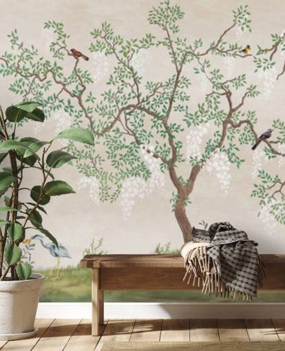 brugerdefineret chinoiserie træ med fugle tapetmaleri kaldet Calm Chinoiserie Tree til soveværelser