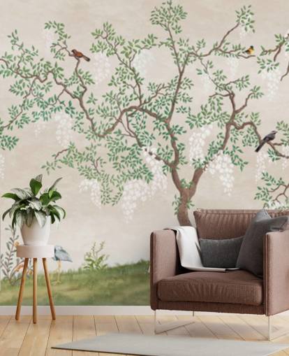 papier peint mural personnalisé d'arbre de chinoiserie avec oiseaux appelé Calm Chinoiserie Tree pour chambres