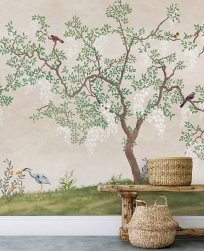 papier peint mural personnalisé d'arbre de chinoiserie avec oiseaux appelé Calm Chinoiserie Tree pour chambres