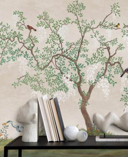 op maat gemaakte chinoiserieboom met vogelbehangmuurschildering genaamd Calm Chinoiserie Tree voor slaapkamers