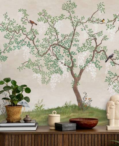 mural de papel de parede de árvore de chinoiserie personalizado com pássaros chamado Calm Chinoiserie Tree para quartos