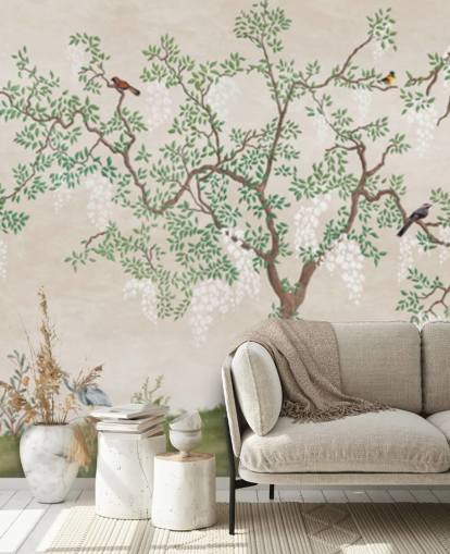 anpassat chinoiserie träd med fåglar tapetväggmålning som heter Calm Chinoiserie Tree för sovrum