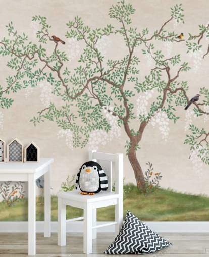 papier peint mural personnalisé d'arbre de chinoiserie avec oiseaux appelé Calm Chinoiserie Tree pour chambres