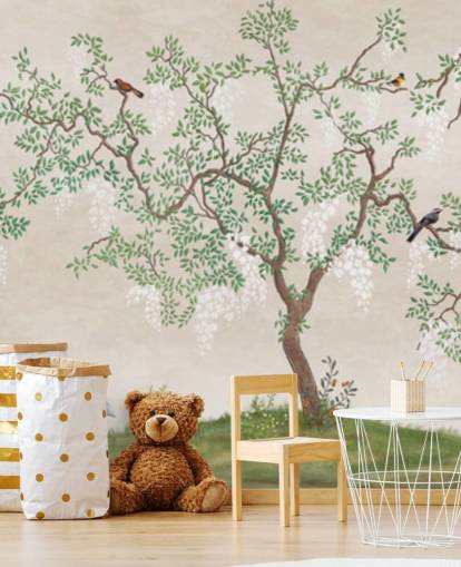 kundenspezifisches Chinoiserie-Wandbild mit Vogel-Tapete namens Calm Chinoiserie Tree für Schlafzimmer