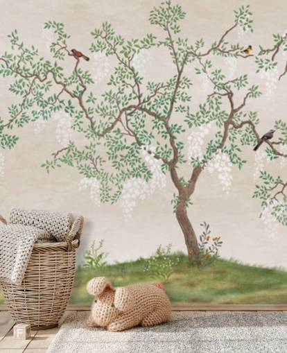 papier peint mural personnalisé d'arbre de chinoiserie avec oiseaux appelé Calm Chinoiserie Tree pour chambres
