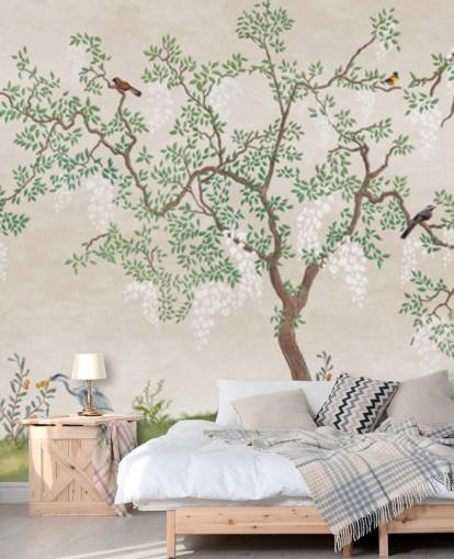 mural de papel de parede de árvore de chinoiserie personalizado com pássaros chamado Calm Chinoiserie Tree para quartos