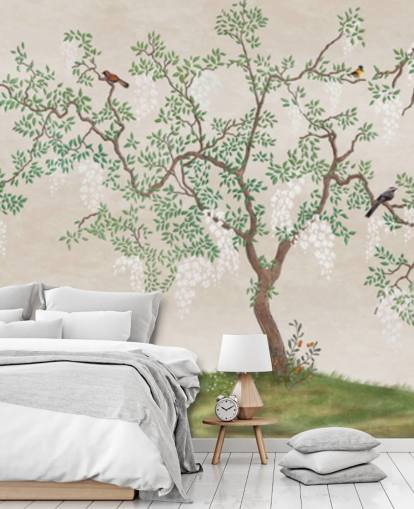 op maat gemaakte chinoiserieboom met vogelbehangmuurschildering genaamd Calm Chinoiserie Tree voor slaapkamers