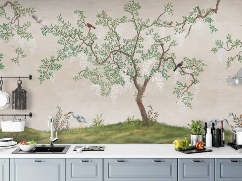 custom chinoiserie tree with birds wallpaper mural called Calm Chinoiserie Tree for bedrooms