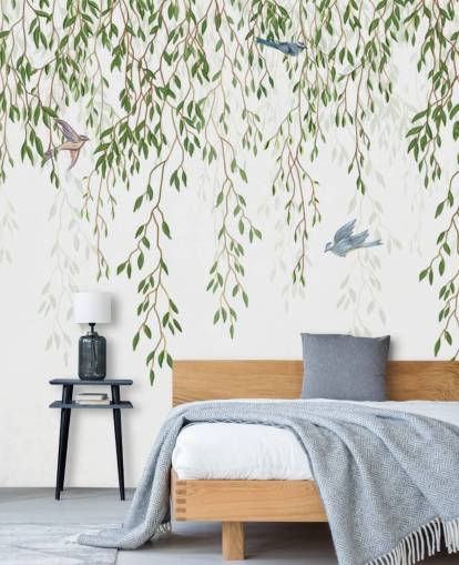 witte en groene aanpasbare chinoiserie behangmuurschildering genaamd Chinoiserie Chandelier voor slaapkamers