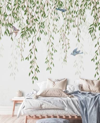 valkoinen ja vihreä muokattava chinoiserie-taustakuvamaalaus nimeltä Chinoiserie Chandelier makuuhuoneisiin