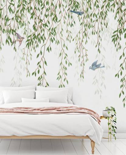 carta da parati murale personalizzabile in stile cineserie bianco e verde chiamato Chinoiserie Chandelier per camere da letto