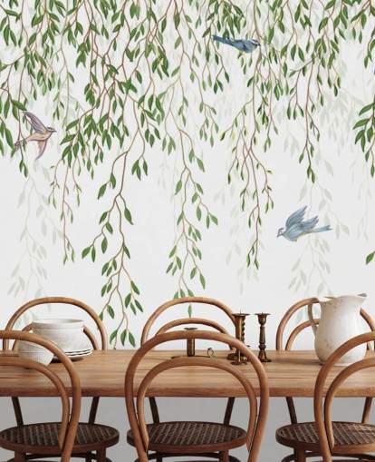 white and green customizable chinoiserie wallpaper mural called Chinoiserie Chandelier for bedrooms