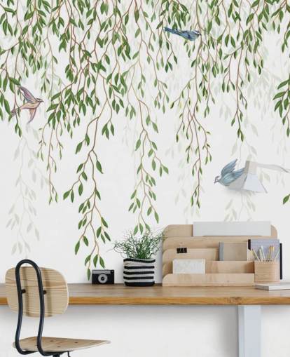 white and green customizable chinoiserie wallpaper mural called Chinoiserie Chandelier for bedrooms