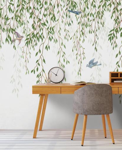 papier peint mural de chinoiserie personnalisable blanc et vert appelé Chinoiserie Chandelier pour chambres