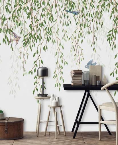 papier peint mural de chinoiserie personnalisable blanc et vert appelé Chinoiserie Chandelier pour chambres