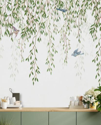 carta da parati murale personalizzabile in stile cineserie bianco e verde chiamato Chinoiserie Chandelier per camere da letto