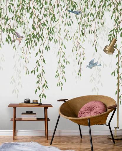 Weißes und grünes, personalisierbares Chinoiserie-Tapetenbild namens Chinoiserie-Kronleuchter für Schlafzimmer