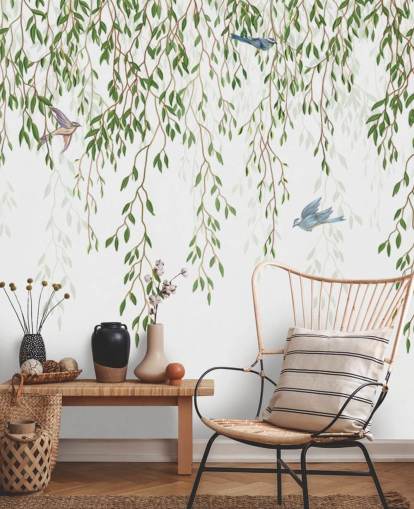 white and green customisable chinoiserie wallpaper mural called Chinoiserie Chandelier for bedrooms