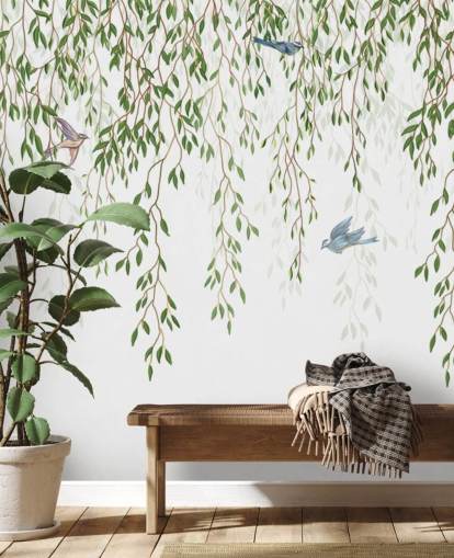 witte en groene aanpasbare chinoiserie behangmuurschildering genaamd Chinoiserie Chandelier voor slaapkamers