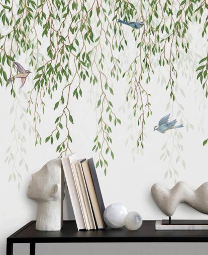 carta da parati murale personalizzabile in stile cineserie bianco e verde chiamato Chinoiserie Chandelier per camere da letto