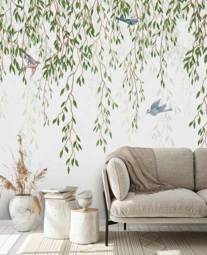 hvid og grøn tilpasselig chinoiserie tapet vægmaleri kaldet Chinoiserie Chandelier til soveværelser