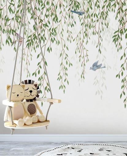 carta da parati murale personalizzabile in stile cineserie bianco e verde chiamato Chinoiserie Chandelier per camere da letto