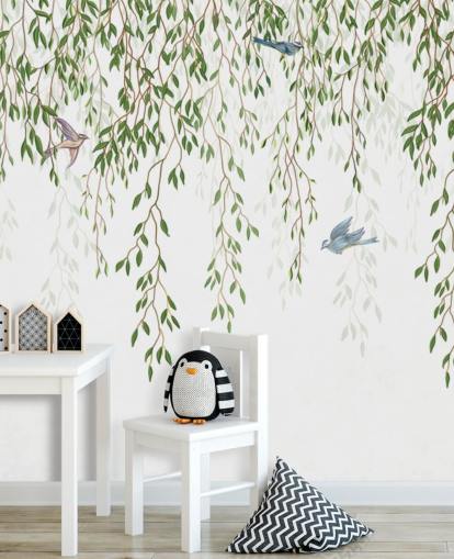 mural de papel de parede chinoiserie personalizável branco e verde chamado Chinoiserie Chandelier para quartos