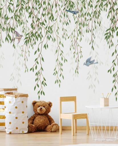 mural de papel de parede chinoiserie personalizável branco e verde chamado Chinoiserie Chandelier para quartos